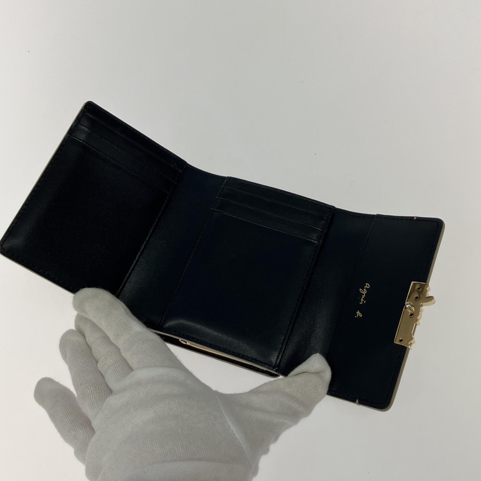 コインケース agnes b. スムースレザー がま口 三つ折り財布 ベージュ