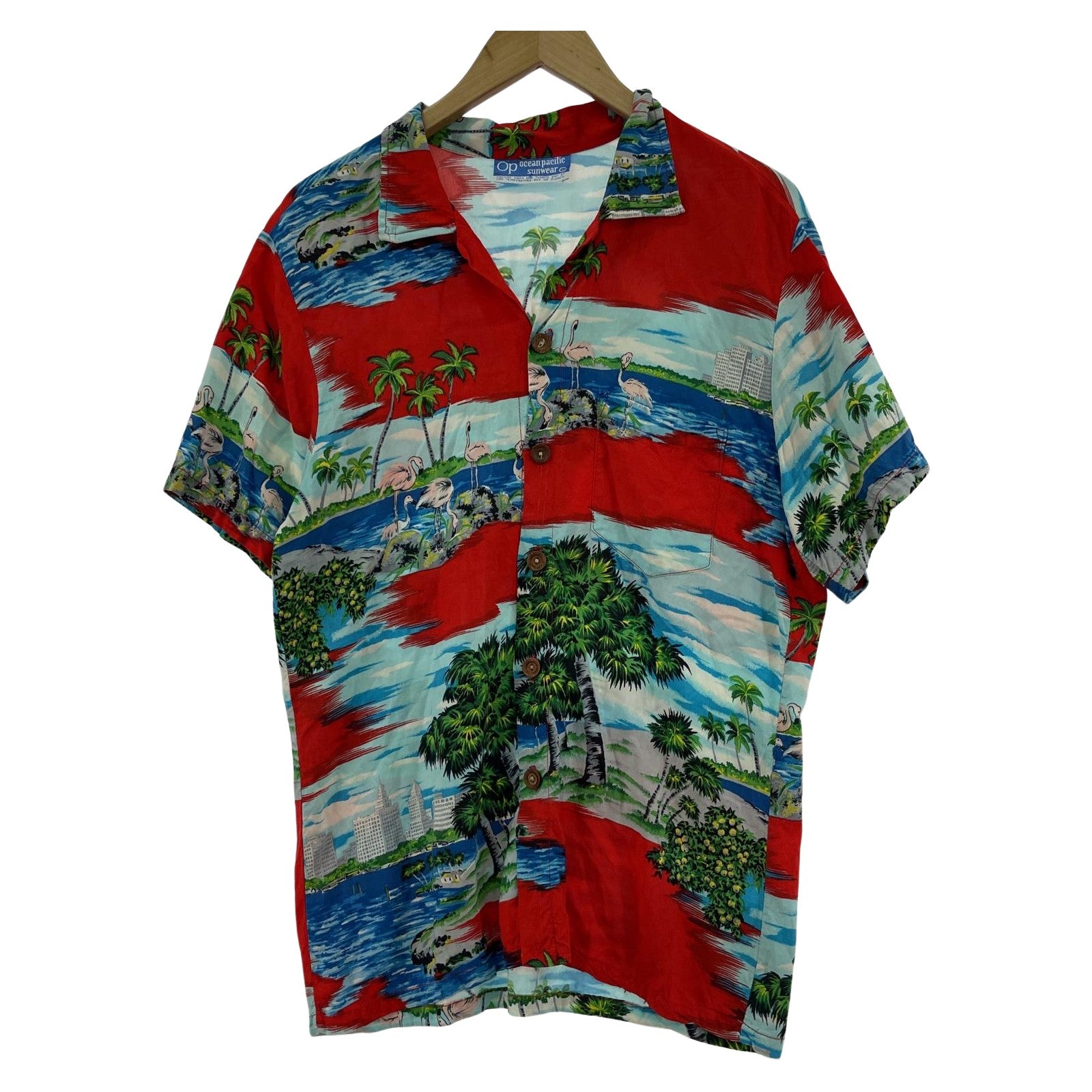 長袖シャツ 70s ocean pacific sunwear アロハシャツ レッド L レッド