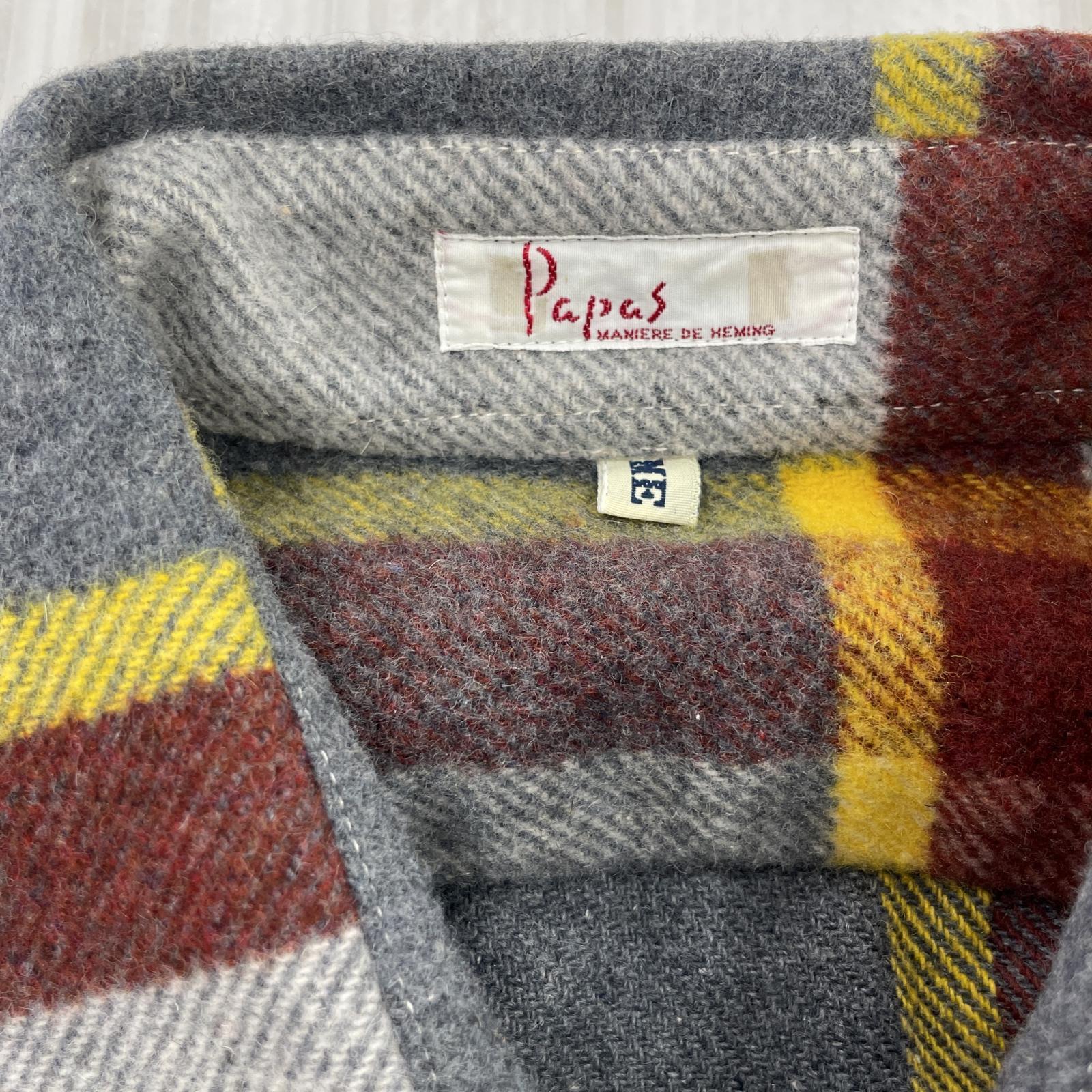長袖シャツ papas ウールチェックシャツ グレー