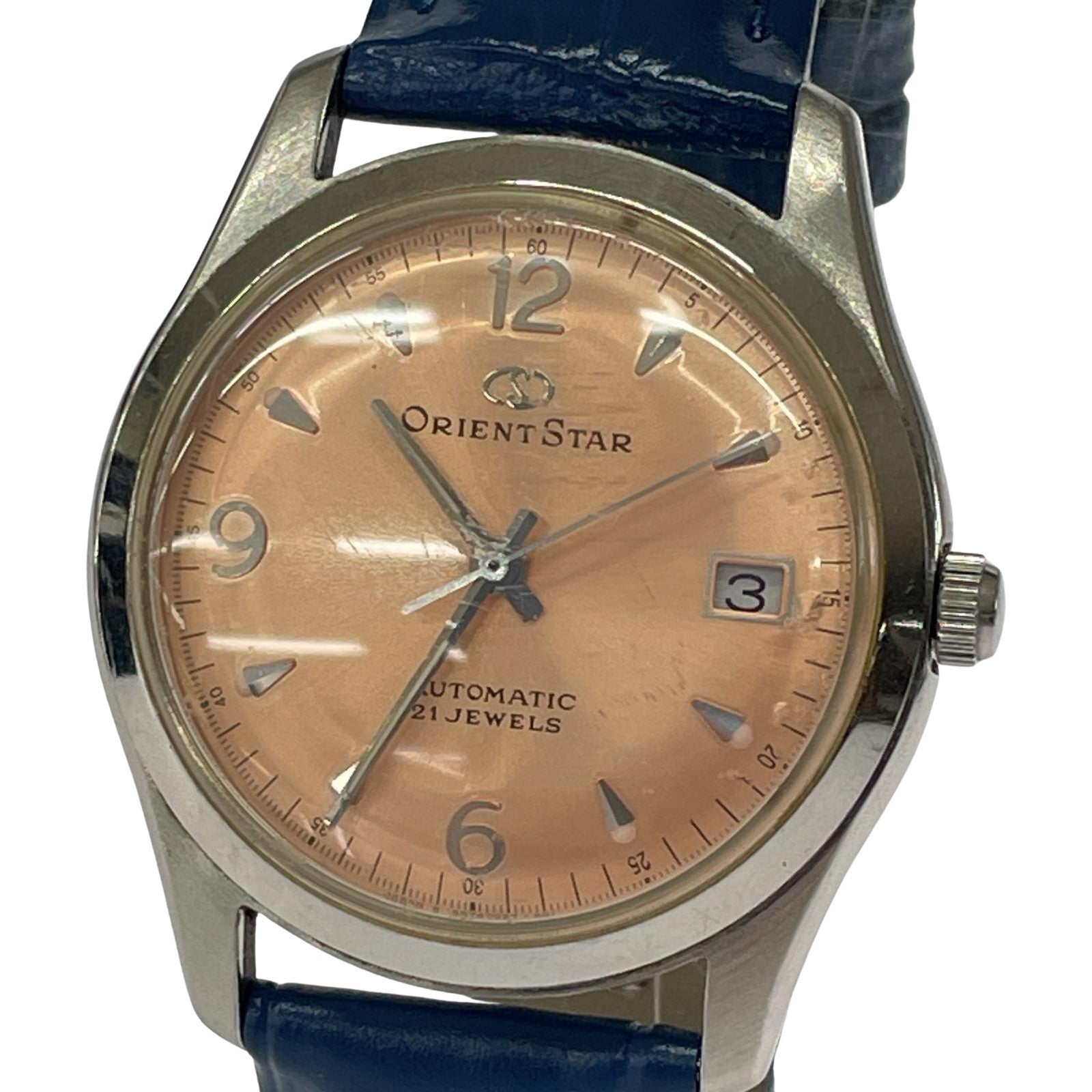 腕時計 ORIENT STAR ピンク文字盤 裏スケルトン 革ベルト AT腕時計 597302-70