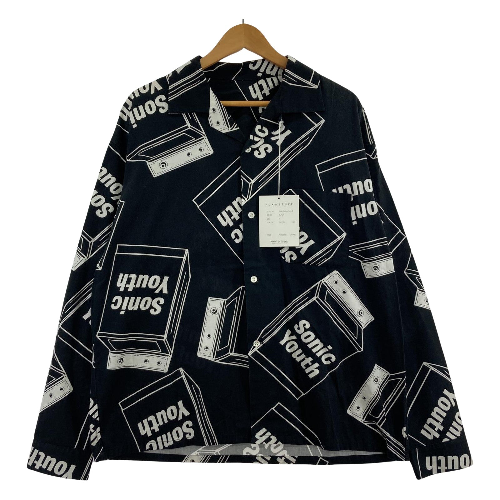長袖シャツ FLAGSTUFF×SONIC YOUTH 総柄オープンカラーシャツ M ホワイト M ブラック