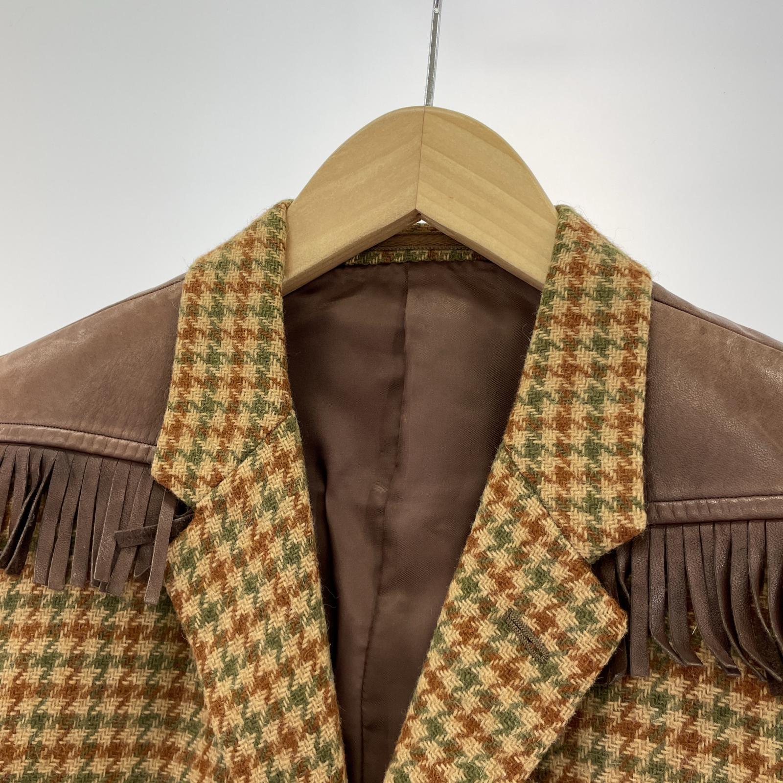 テーラードジャケット COMME des GARCONS HOMME 80s デカオム レザー切替 千鳥ツイードジャケット S