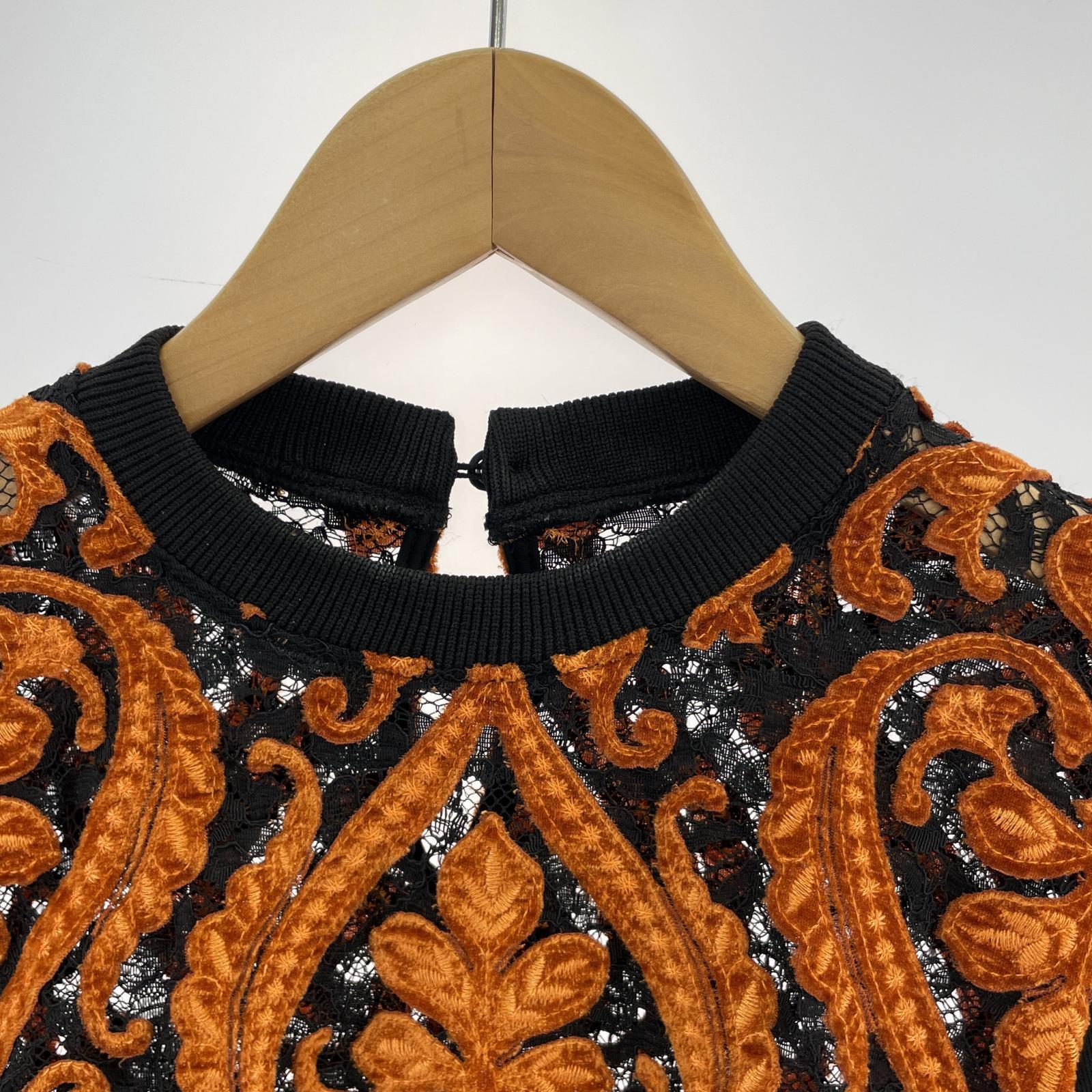 長袖Tシャツ AMERI LACE DOCKING SWEAT デザインカットソー F ブラック×ブラウン