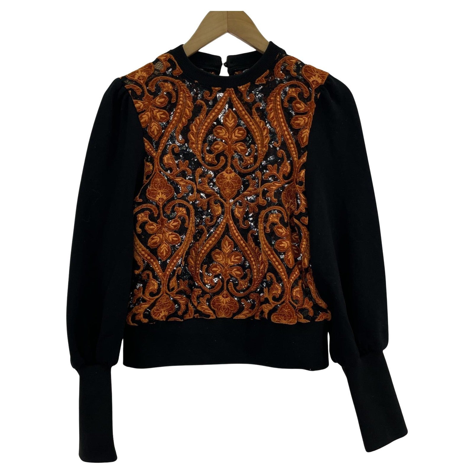 長袖Tシャツ AMERI LACE DOCKING SWEAT デザインカットソー F ブラック×ブラウン