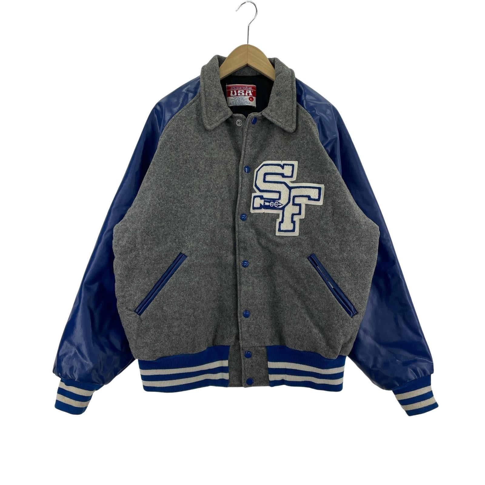 ジャケット AWARDS USA USA製 袖レザー スタジャン(XL) グレー×ブルー
