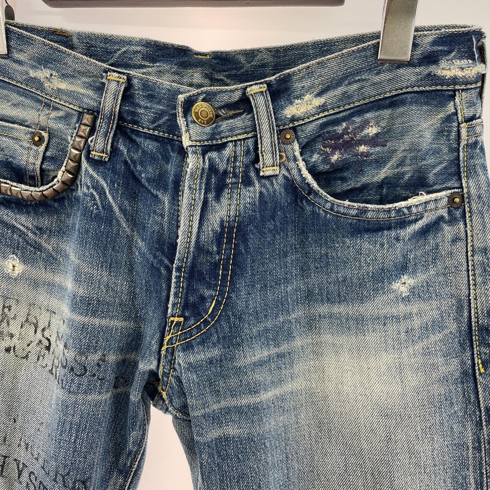 デニムパンツ プリント ベルボトムデニム ダメージ加工 28 ブルー