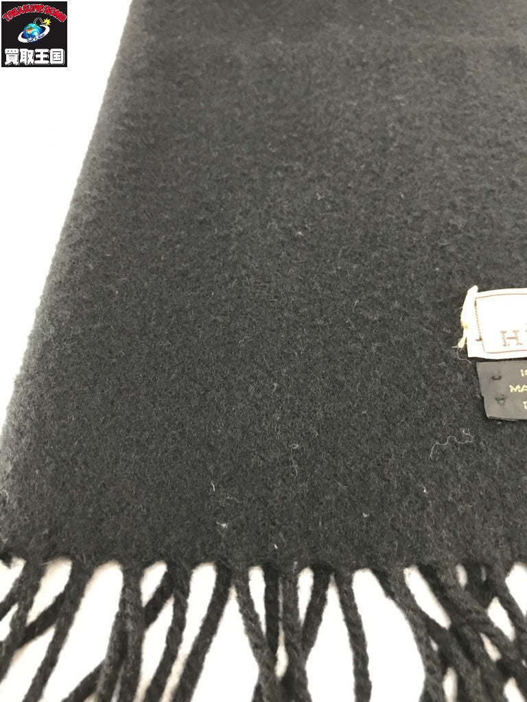 マフラー カシミヤ ロゴ刺繍 無地 黒
