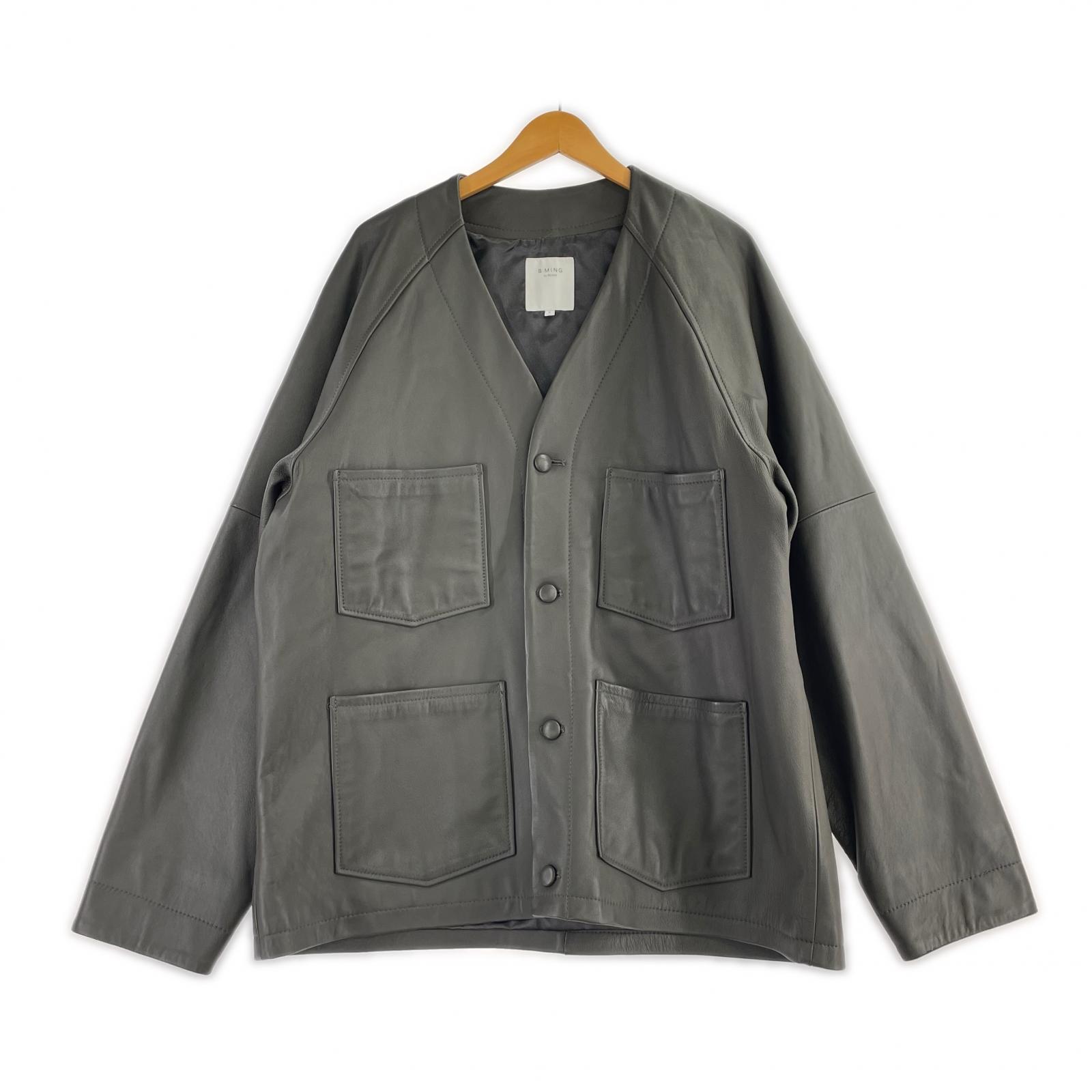 レザージャケット ノーカラー レザージャケット 羊革 (L) L カーキ