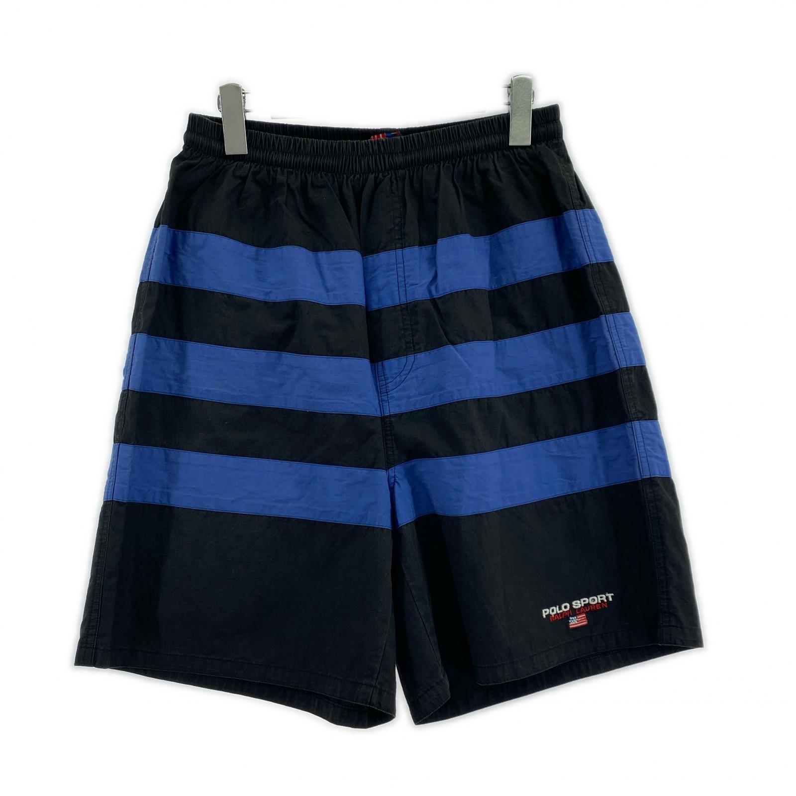 ショートパンツ SPORT ボーダー ナイロンショーツ 黒 青 (L) L