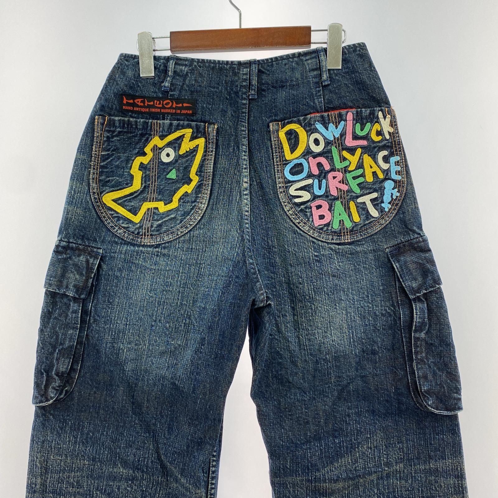 デニムパンツ 魚 道楽 刺繍 デニムカーゴパンツ W31 31 ネイビー