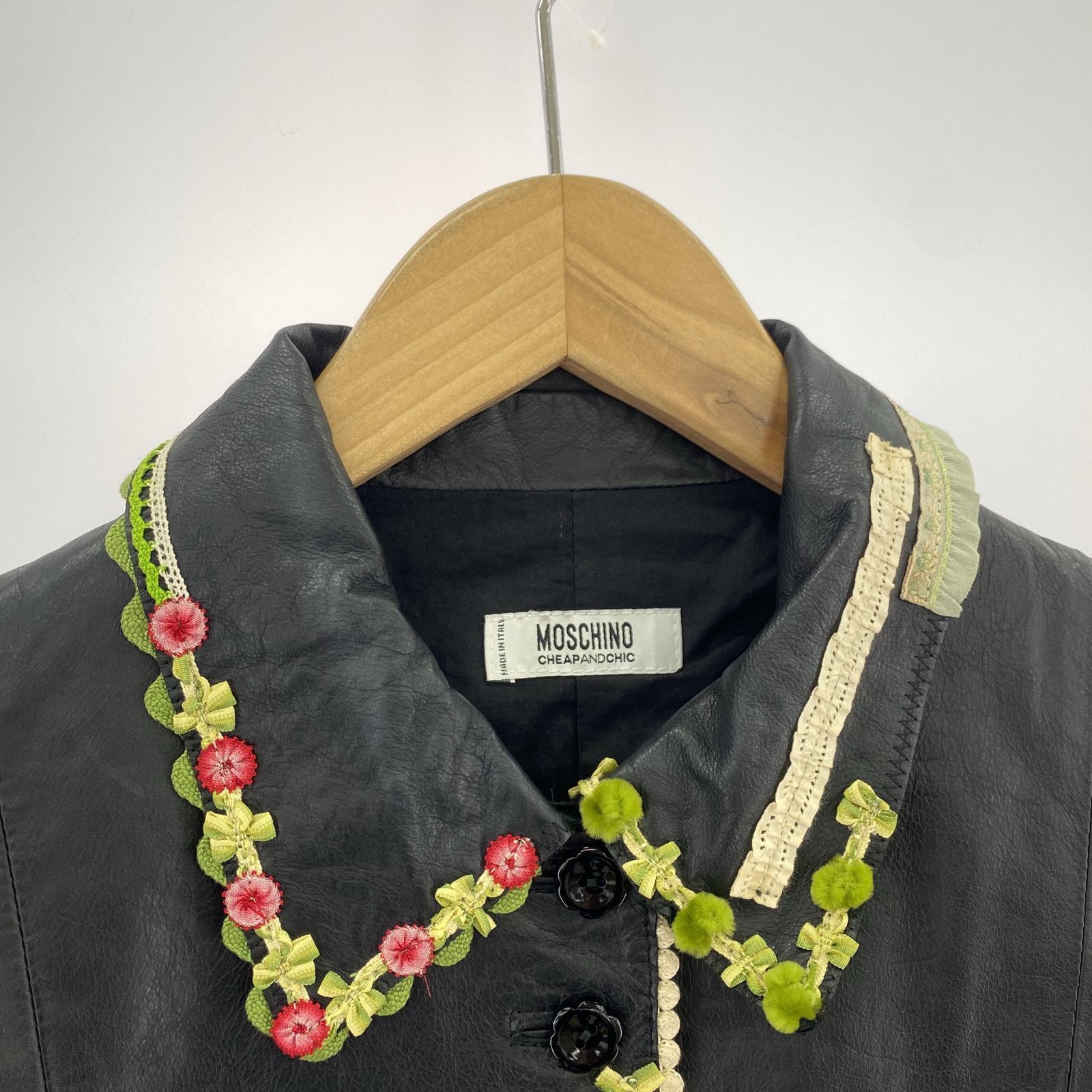 ジャケット MOSCHINO デザイン刺繍 レザー シャツジャケット ブラック ブラック