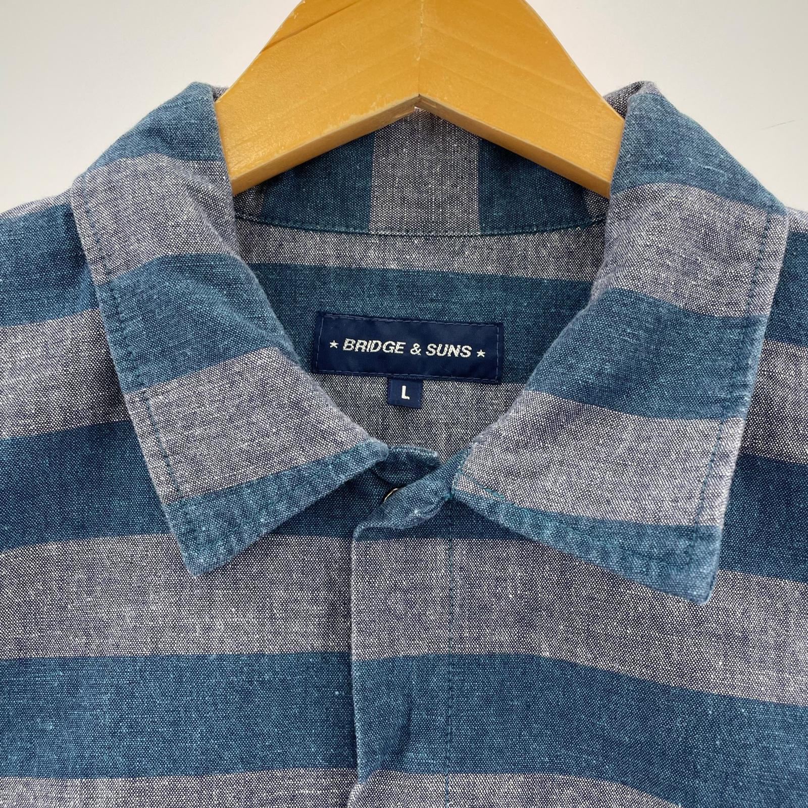 半袖シャツ BRIDGE & SONS デニム ボーダー 青 (L) L ブルー