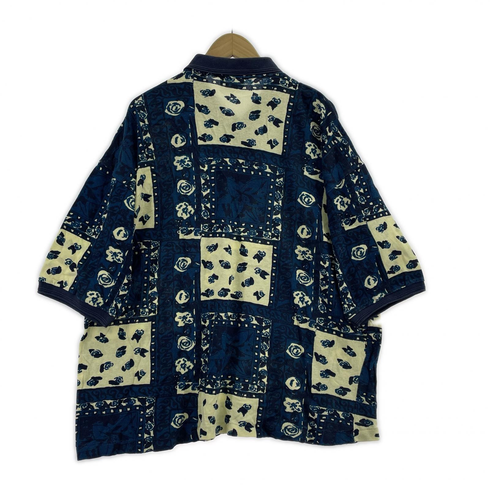 ポロシャツ パッチワーク風 総柄 青(XXL)