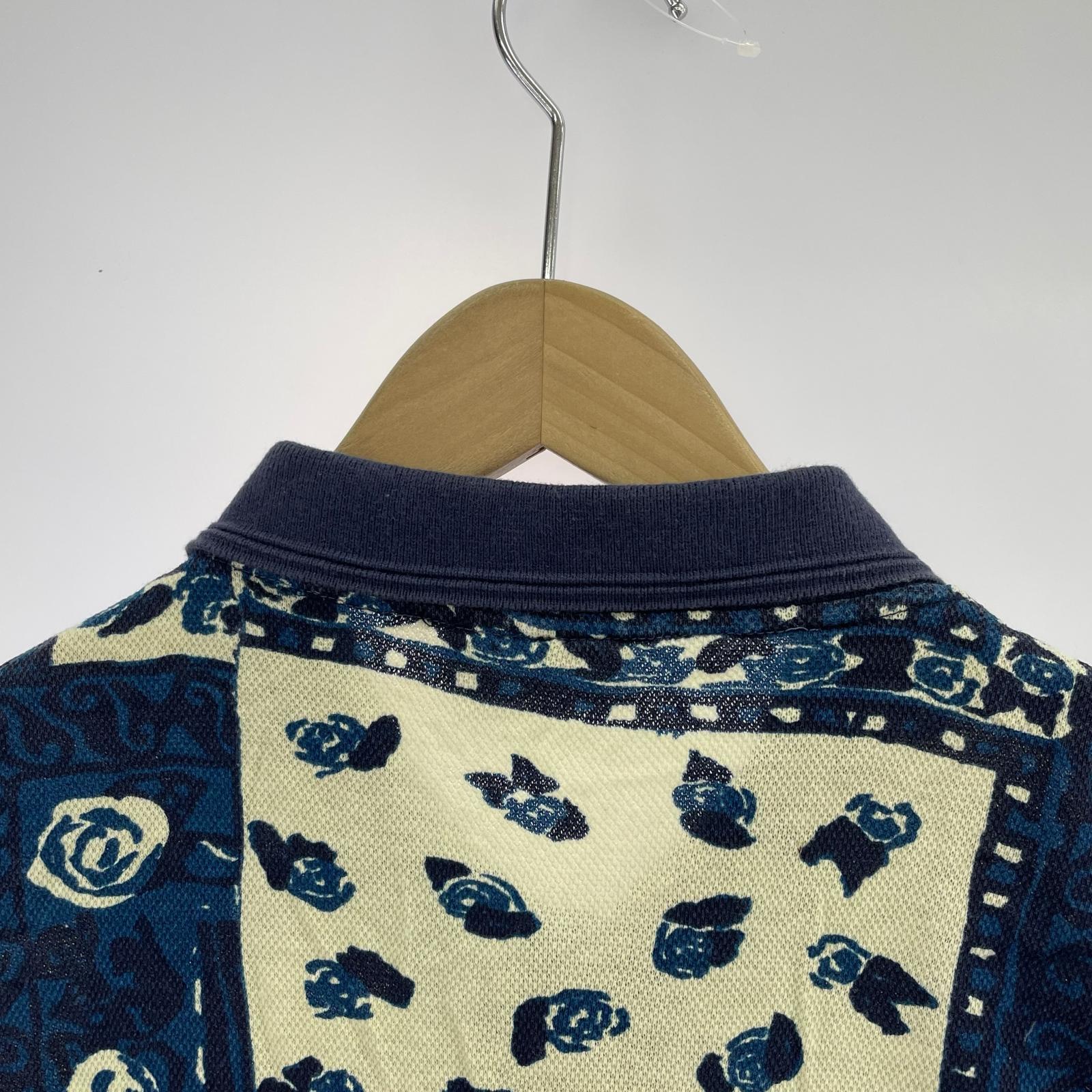 ポロシャツ パッチワーク風 総柄 青(XXL)