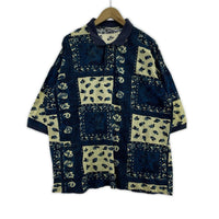ポロシャツ パッチワーク風 総柄 青(XXL)