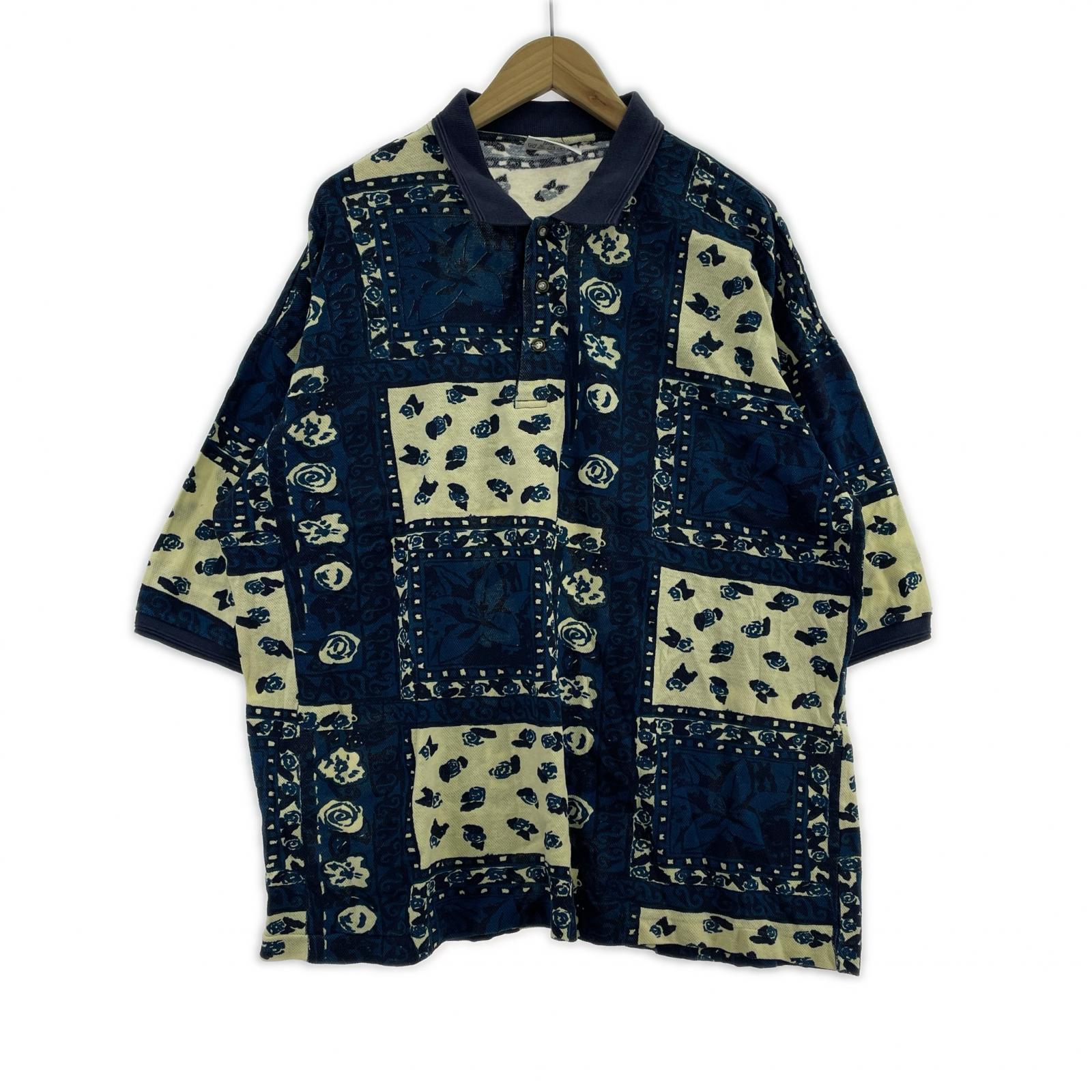ポロシャツ パッチワーク風 総柄 青(XXL)