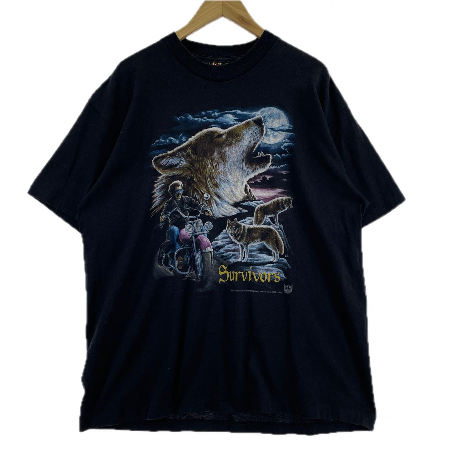 半袖Tシャツ 90s 3D EMBLEM バイカー ウルフ 黒 USA製 XL ブラック