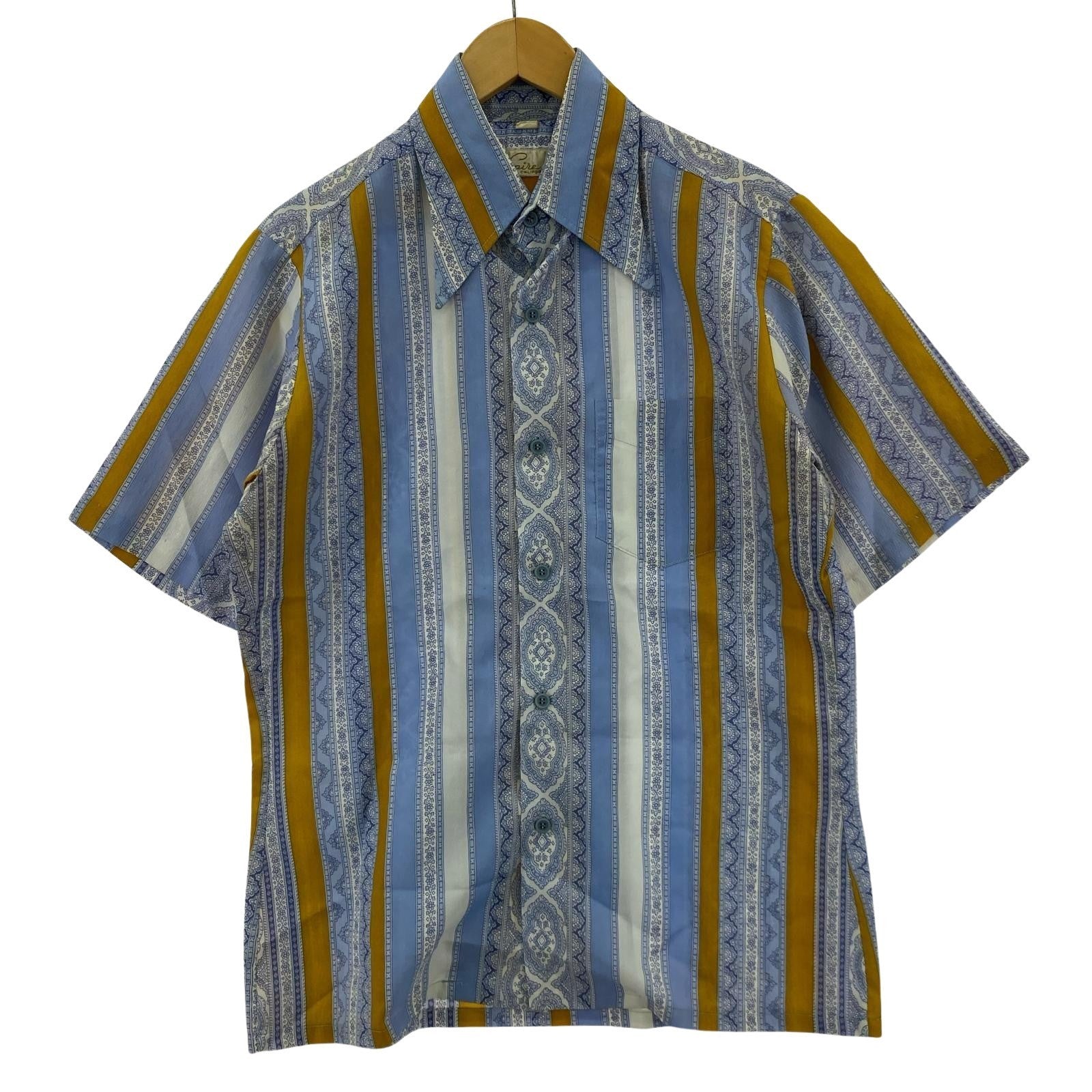 半袖シャツ 70s ペイズリー ボーダー 青 M M ブルー