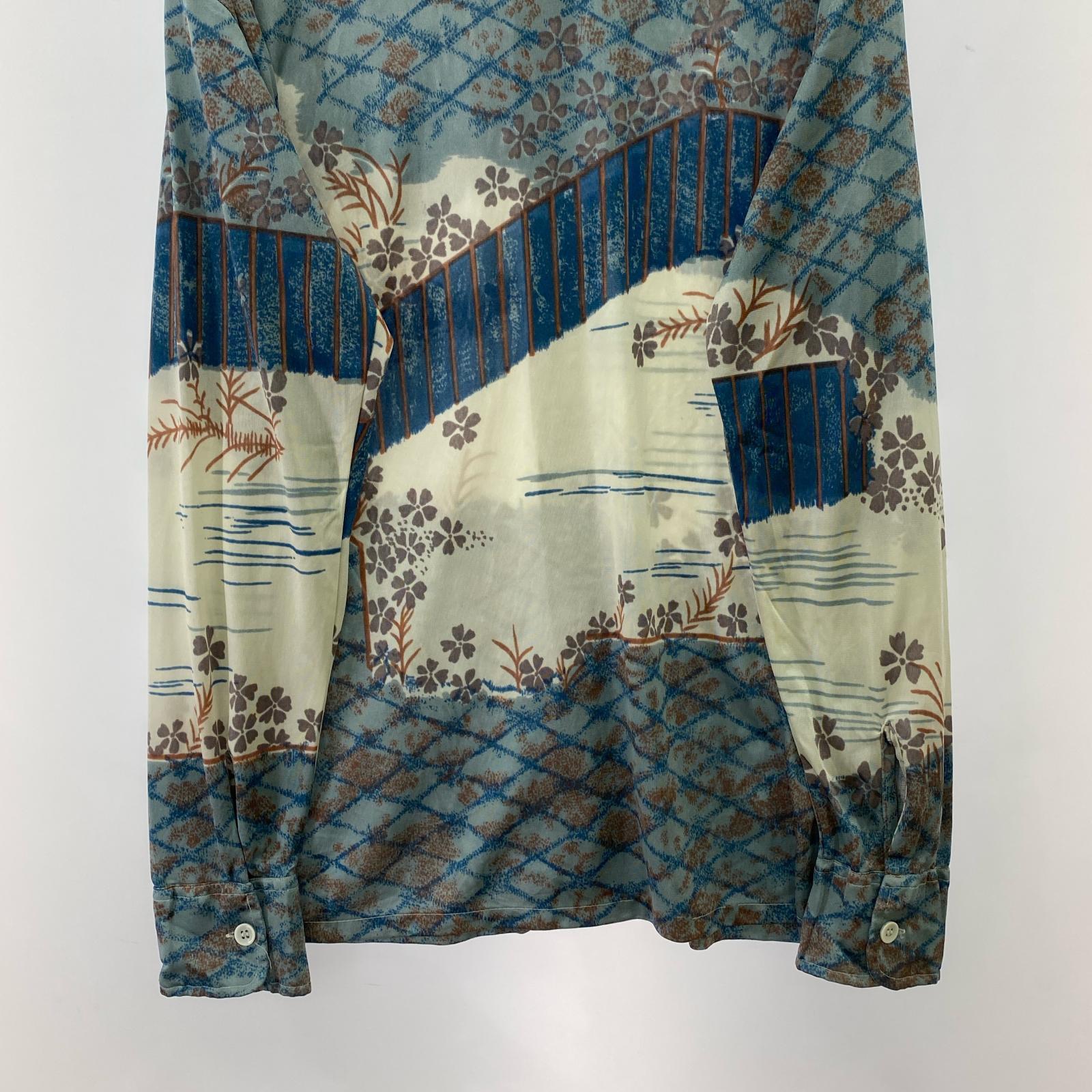 長袖シャツ 70s 和柄 青白 XL