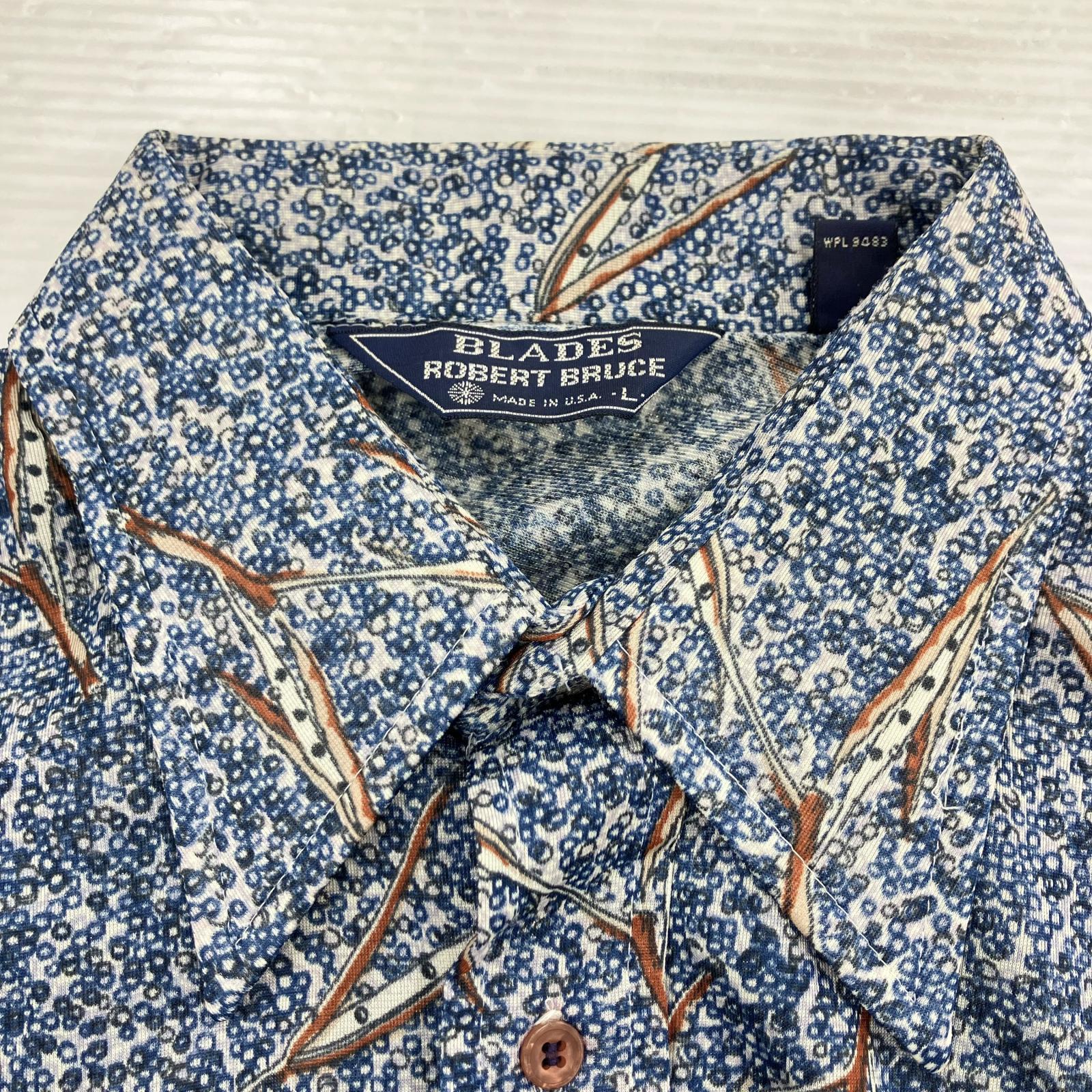 半袖シャツ 70s 総柄 ドット 青 USA製 L L ブルー