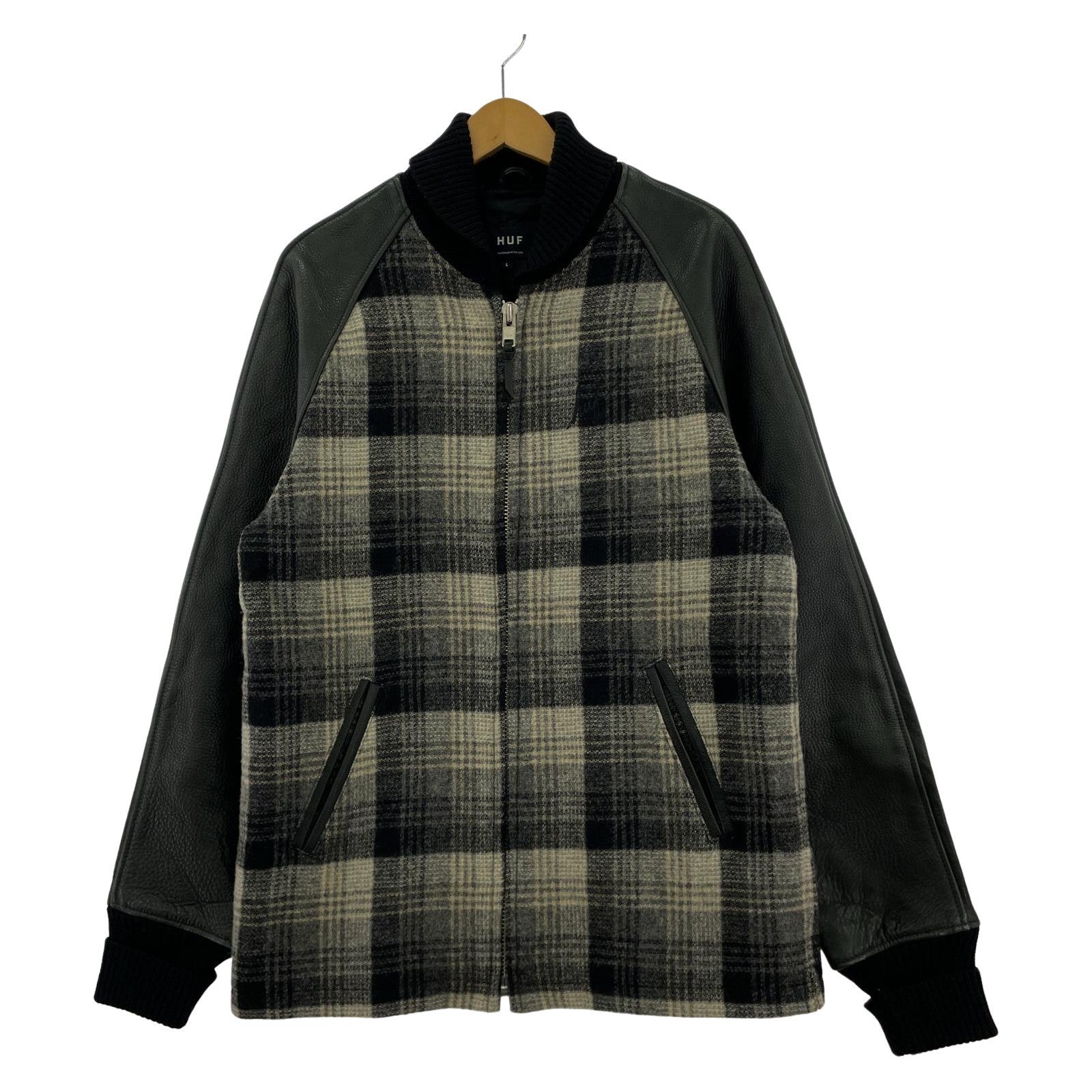 ジャケット USA製 袖レザー ウールジャケット チェック (L) L ブラック