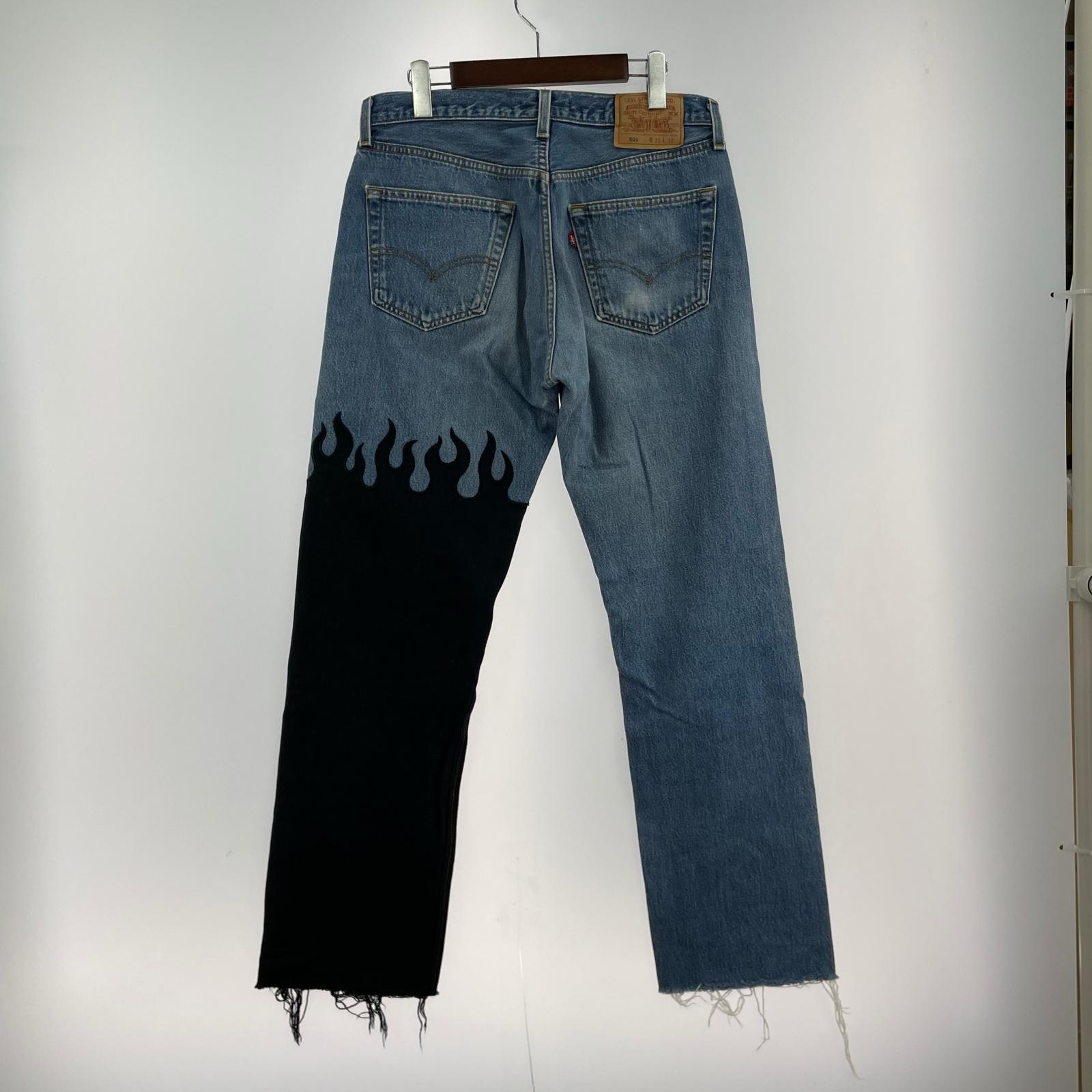 デニムパンツ ink ファイヤーパターン リメイクデニム(33) 33 ブルー