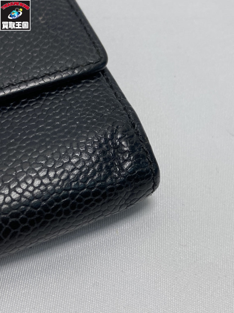 CHANEL キャビアスキン ココマーク 三つ折り財布 ブラック