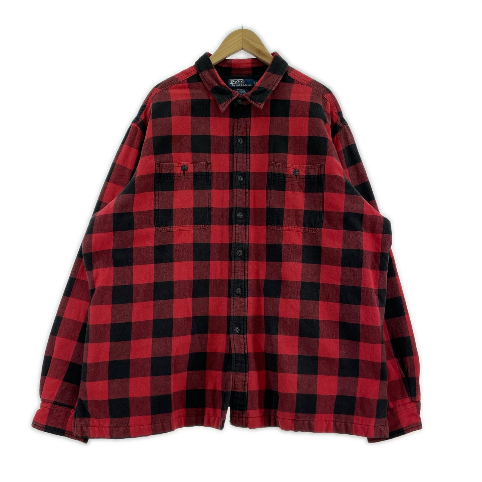 長袖シャツ POLO RALPH LAUREN FARRELL インド製 裏キルト バッファローチェック ヘビーネルシャツ 赤 (XXL)