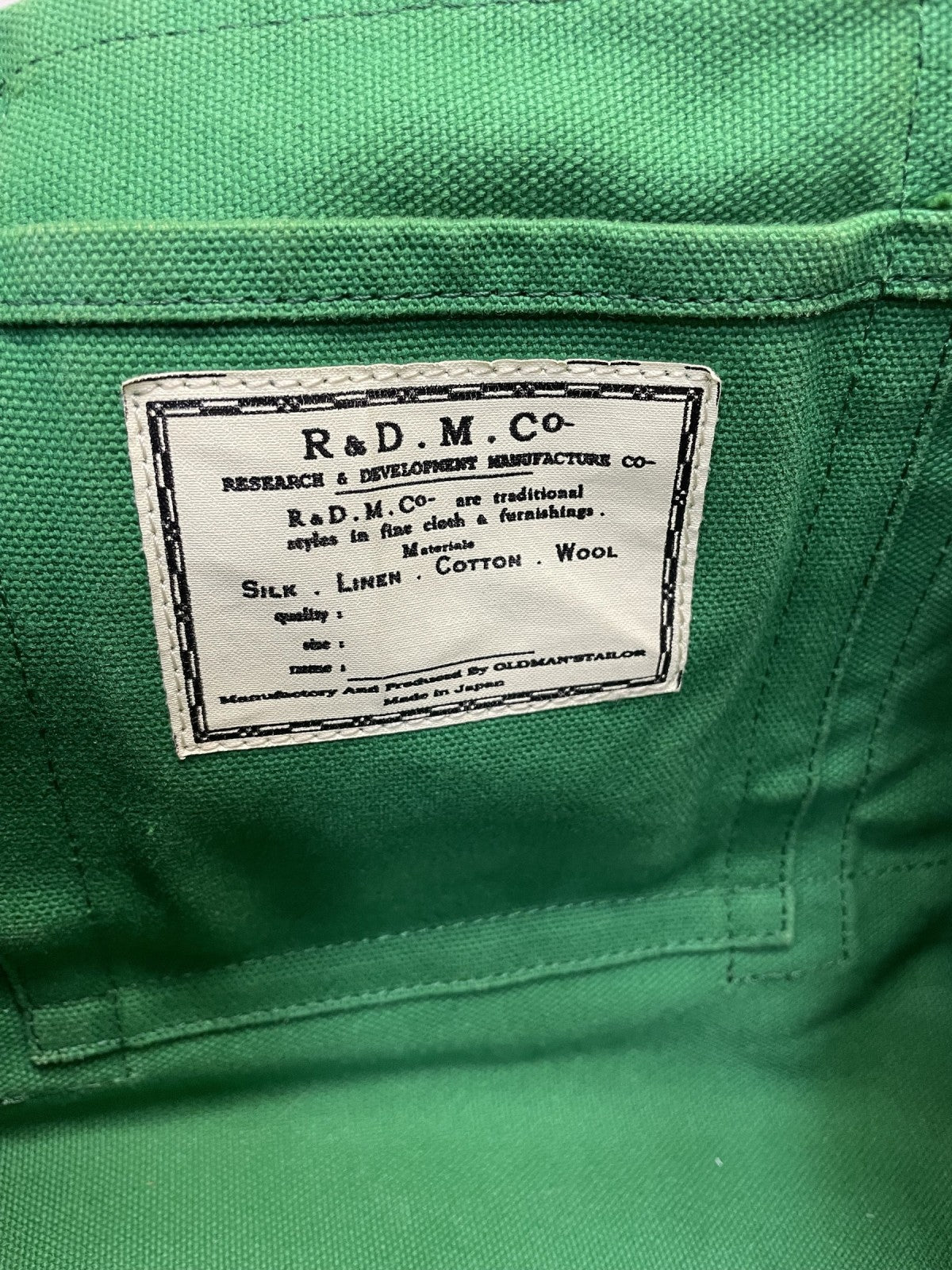 トートバッグ R&D.M.Co- OLDMAN’S TAILOR ミニトートバッグ 緑