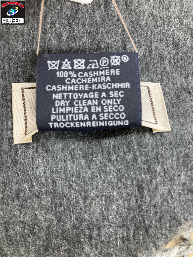 HERMES ロゴ刺繍 カシミヤ100% マフラー グレー