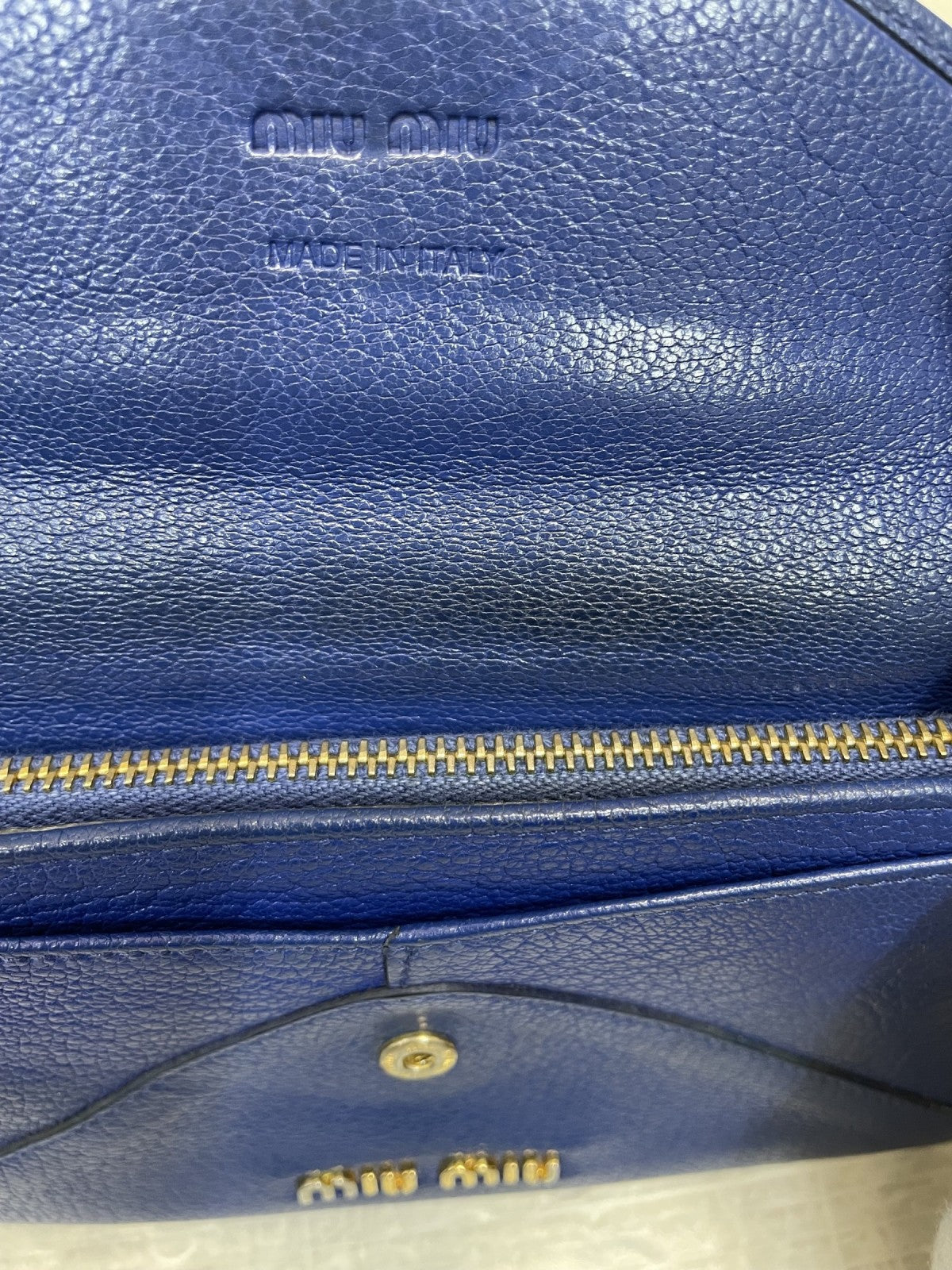 miumiu MADRAS ゴートスキン 封筒型 ウォレット 青