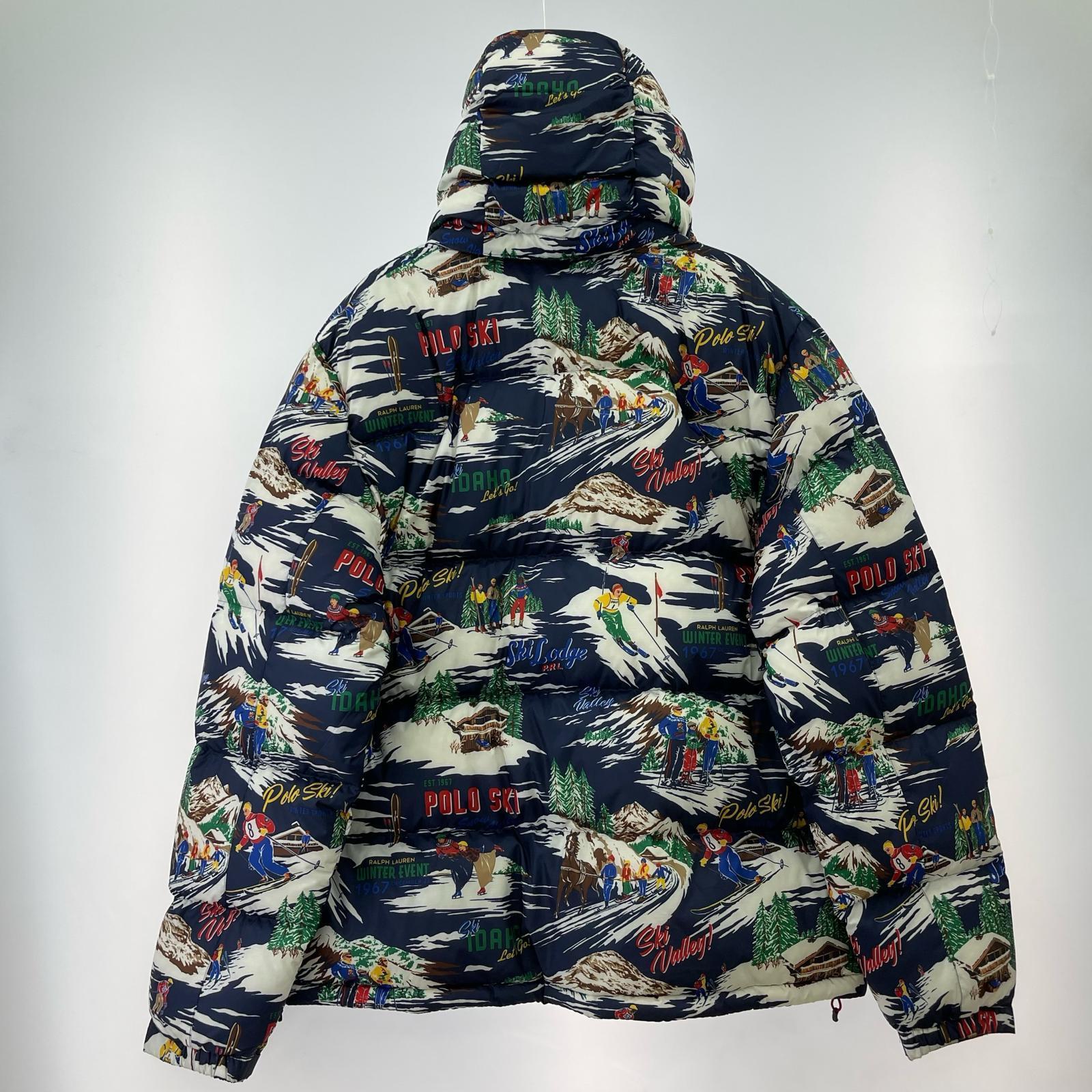 ダウンジャケット スキー 総柄 白×ネイビー XXL
