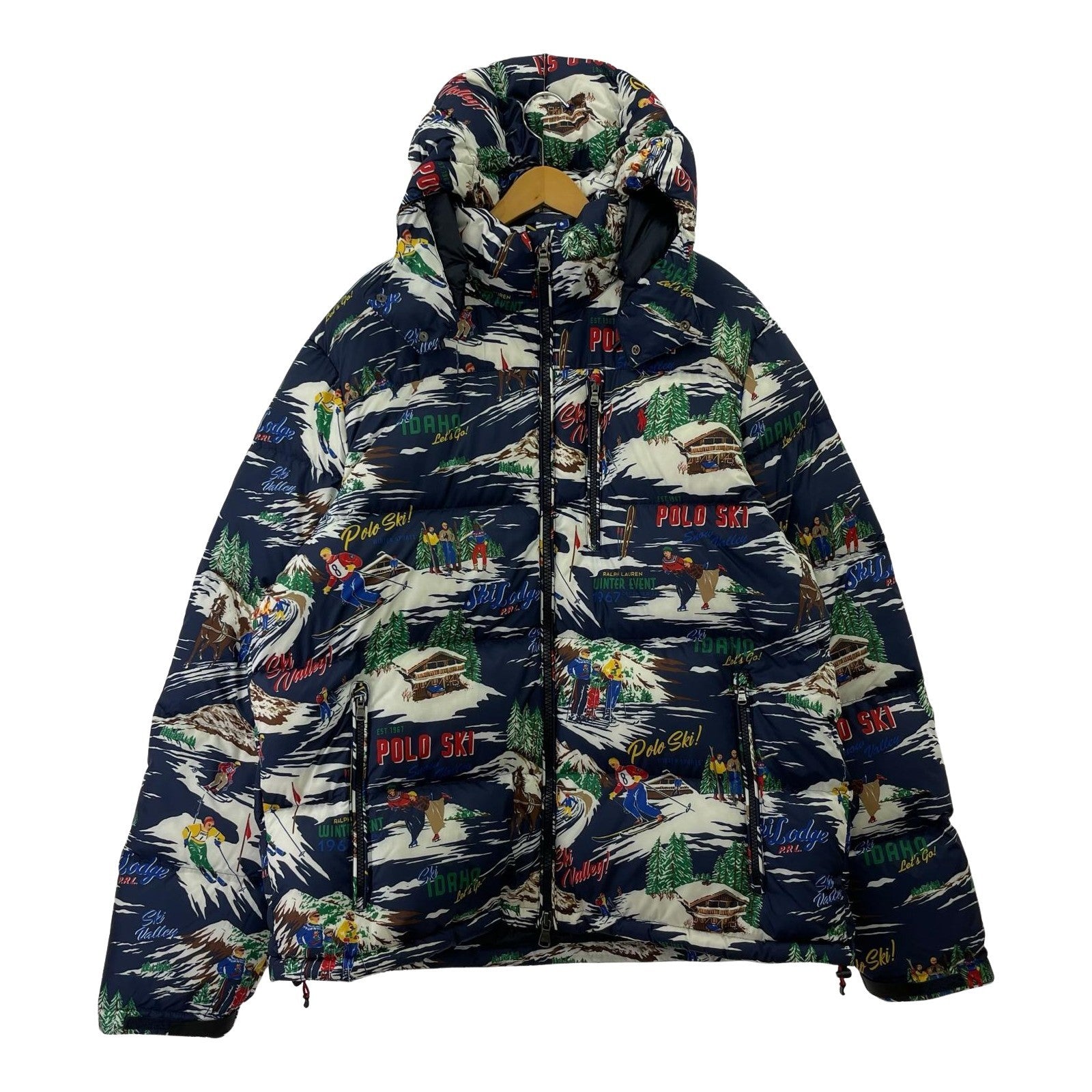 ダウンジャケット スキー 総柄 白×ネイビー XXL