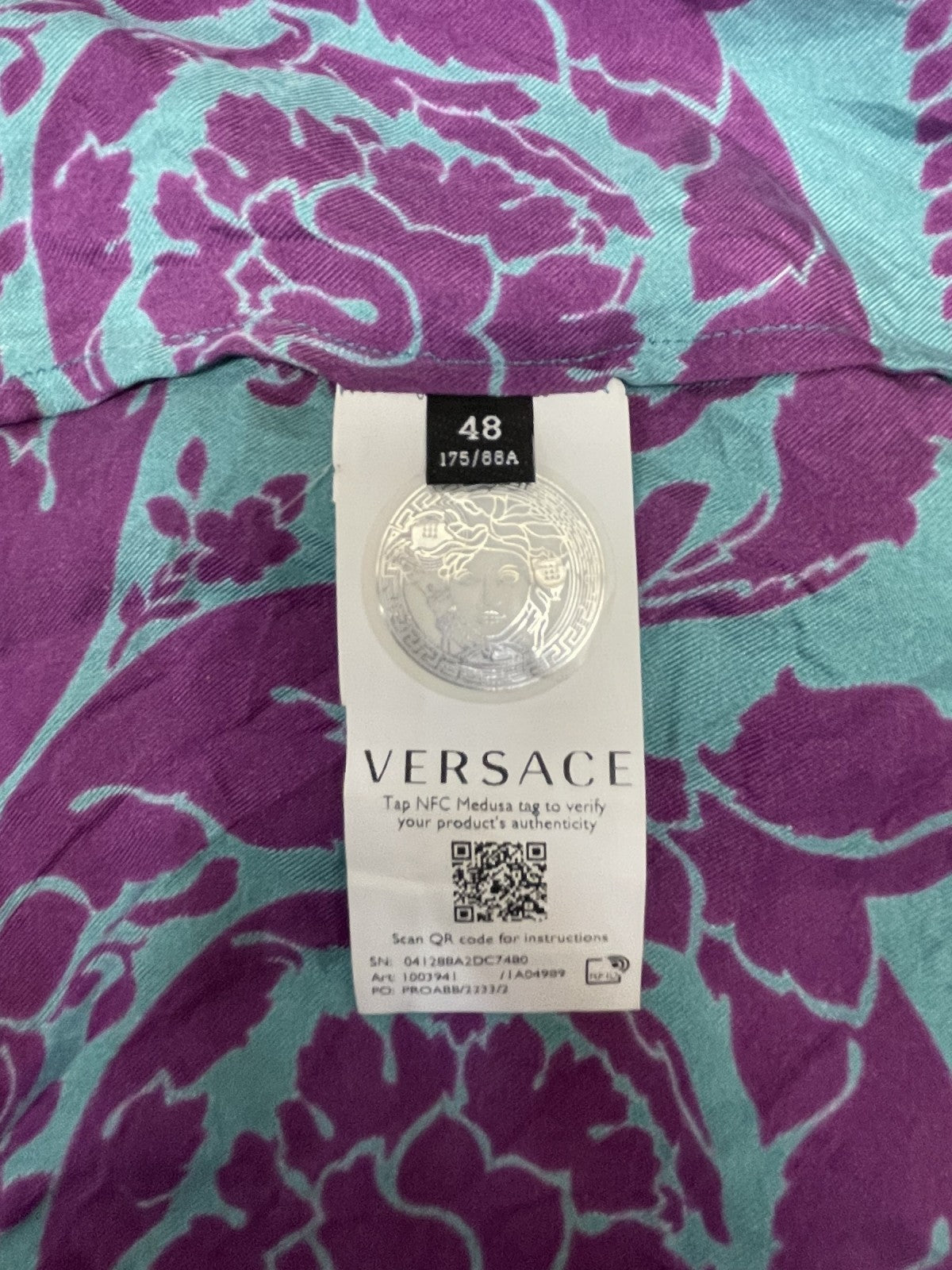 VERSACE バロックプリント シルクシャツ 48 パープル×ターコイズ