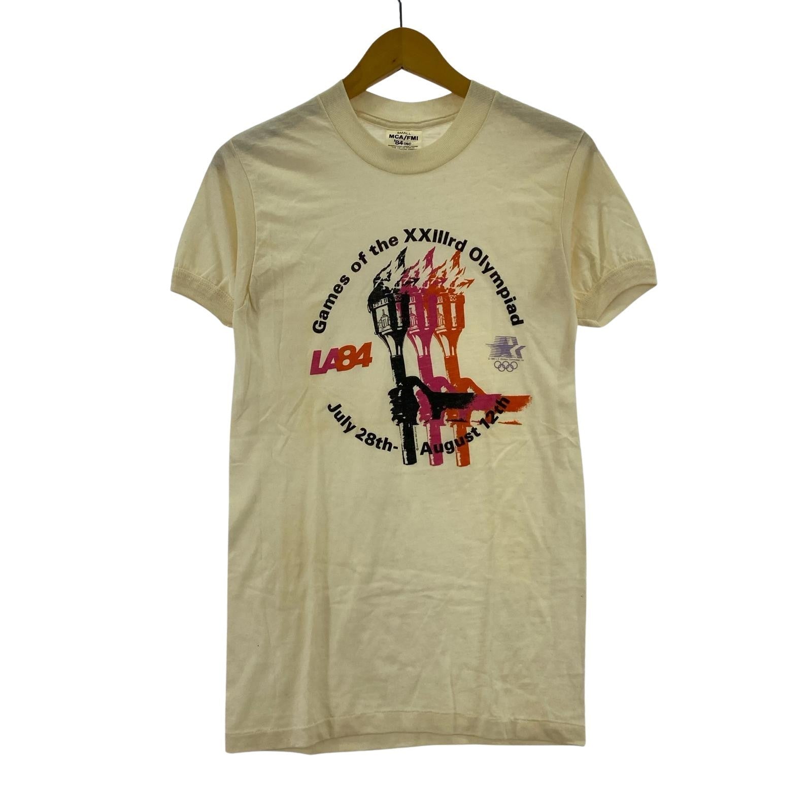半袖Tシャツ 80s ロサンゼルスオリンピック 聖火プリント 白 (S) S ベージュ
