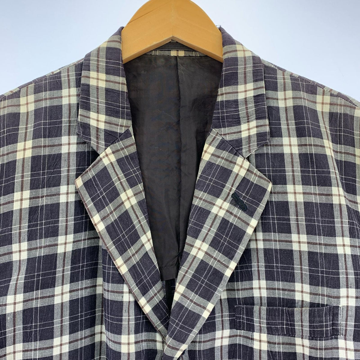 ジャケット 80s COMME des GARCONS HOMME リネンチェックジャケット M 紺 M マルチカラー