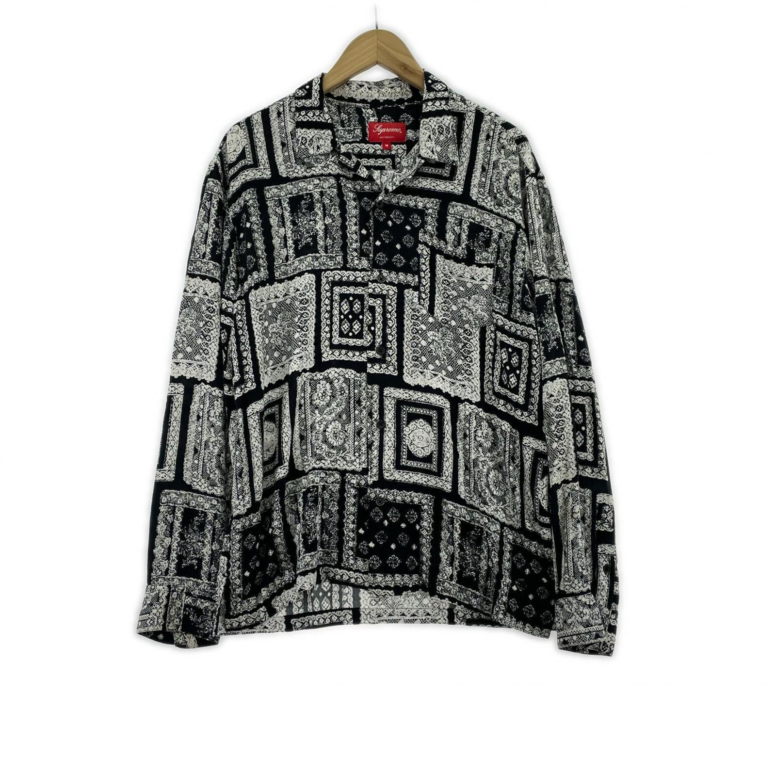 長袖シャツ 総柄レーヨンシャツ BLK M ブラック