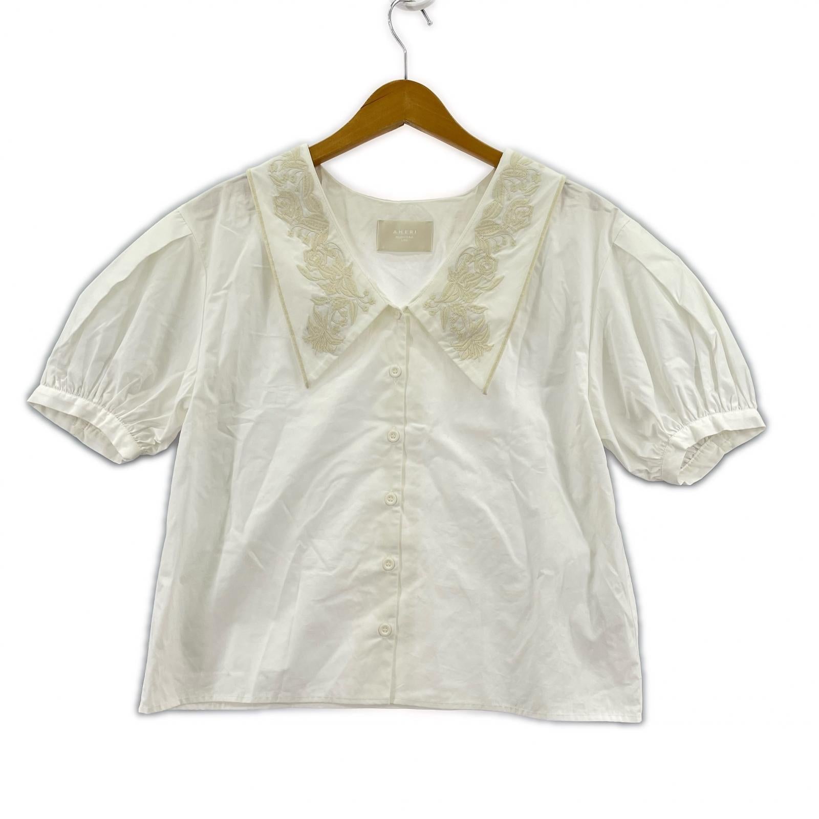 半袖シャツ MEDI EMBROIDERY COLLAR BLOUSE/刺繍ブラウス/白 ホワイト