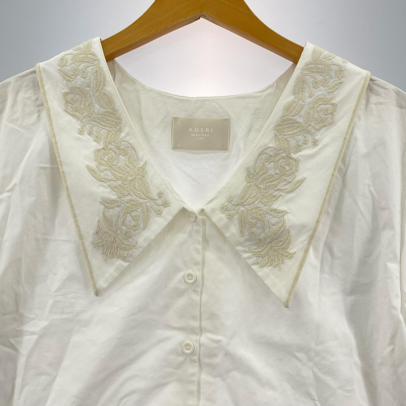 半袖シャツ MEDI EMBROIDERY COLLAR BLOUSE/刺繍ブラウス/白 ホワイト