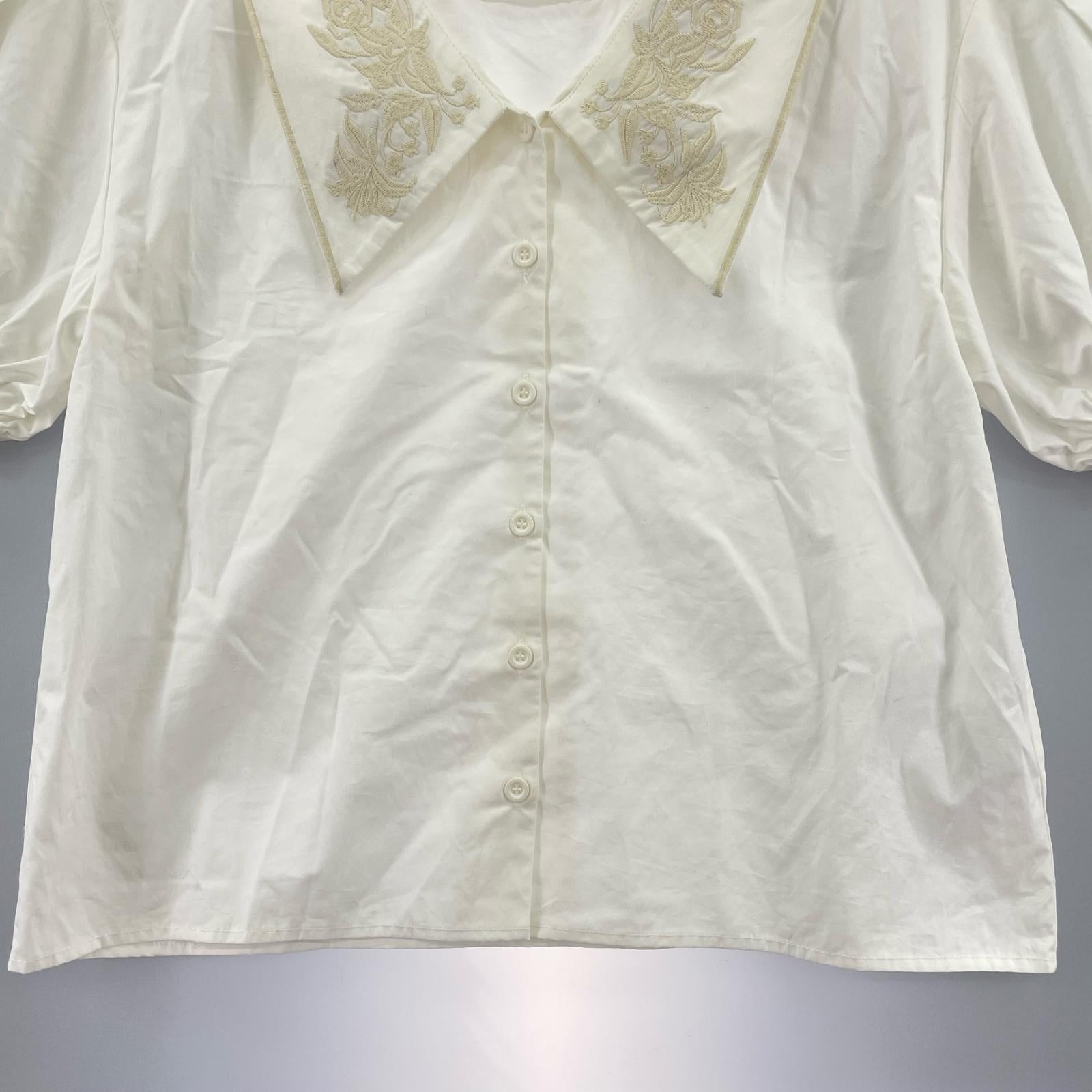 半袖シャツ MEDI EMBROIDERY COLLAR BLOUSE/刺繍ブラウス/白 ホワイト