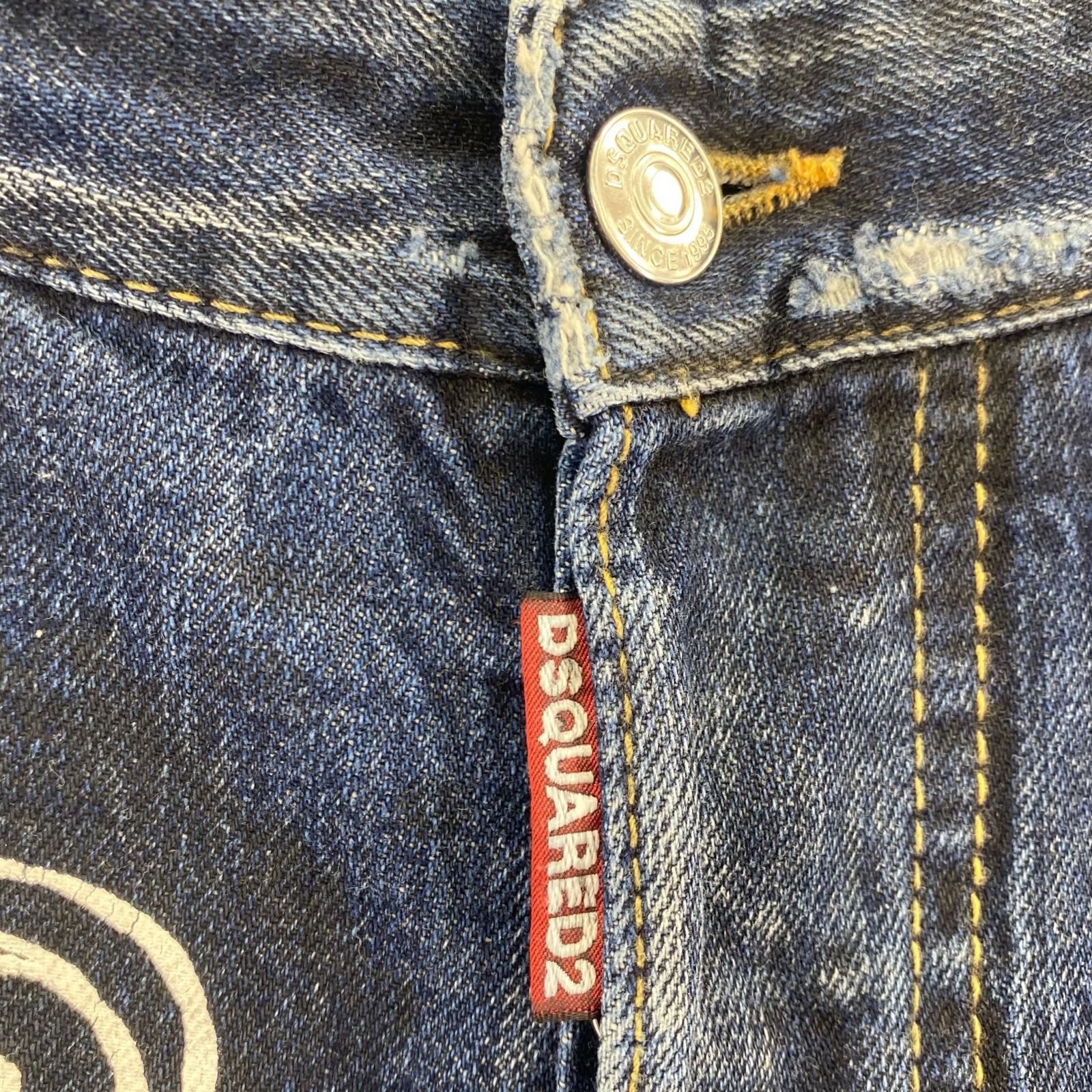 デニムパンツ バスキアペイント ダメージ加工 ボタンフライ デニムパンツ 44 ネイビー