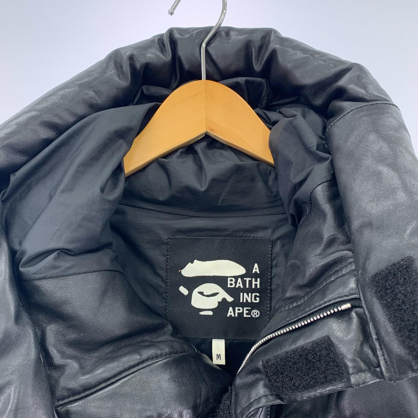 ダウンジャケット A BATHING APE 01AW 青山限定 シープスキン フーデットレザーダウンジャケット M 黒 M ブラック