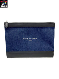 BALENCIAGA ネイビクリップクラッチバッグ デニム×レザー