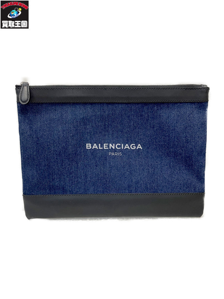 BALENCIAGA ネイビクリップクラッチバッグ デニム×レザー