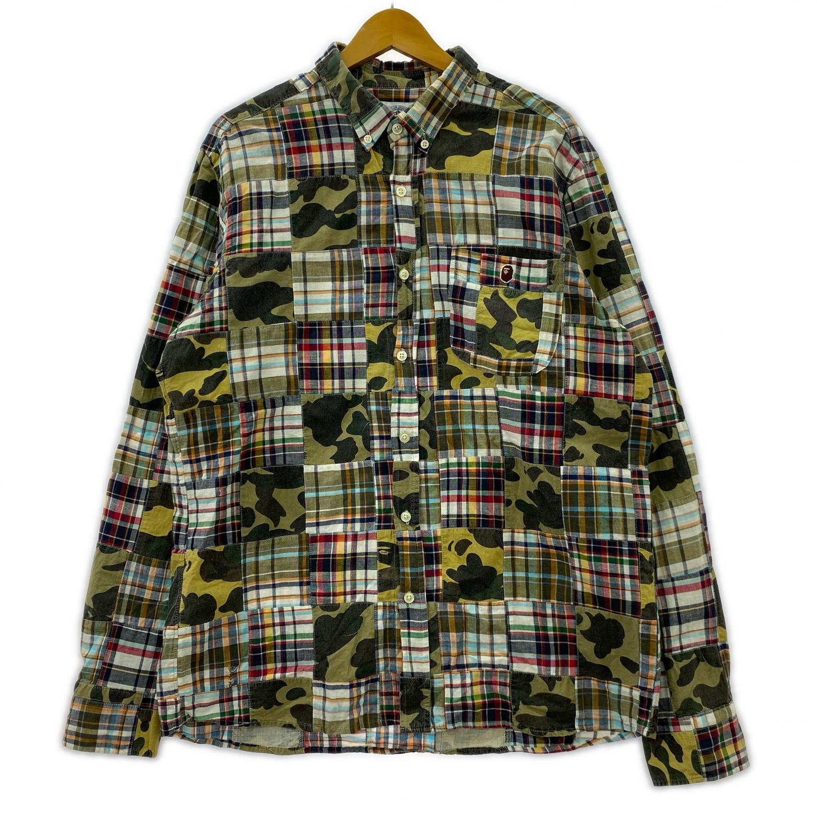 長袖シャツ A BATHING APE チェック×カモ パッチワークシャツ XXL マルチカラー