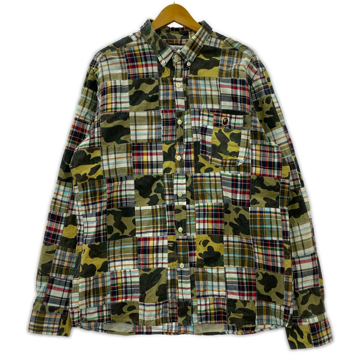 長袖シャツ A BATHING APE チェック×カモ パッチワークシャツ XXL マルチカラー