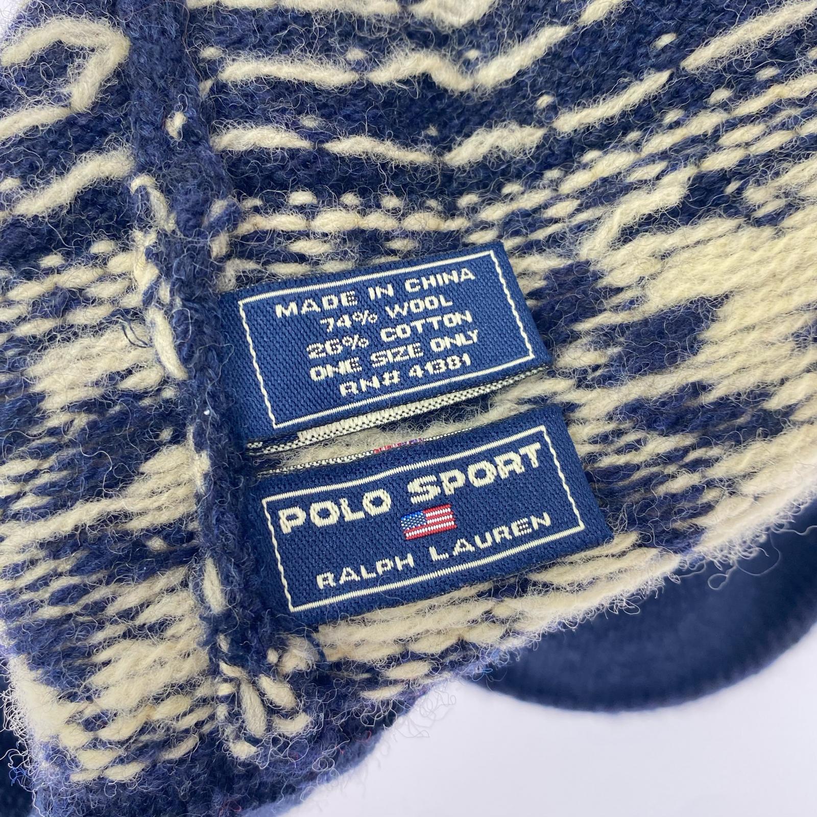 ニットキャップ POLO SPORT 90s 雪柄 ボンボンニット帽 紺 ネイビー