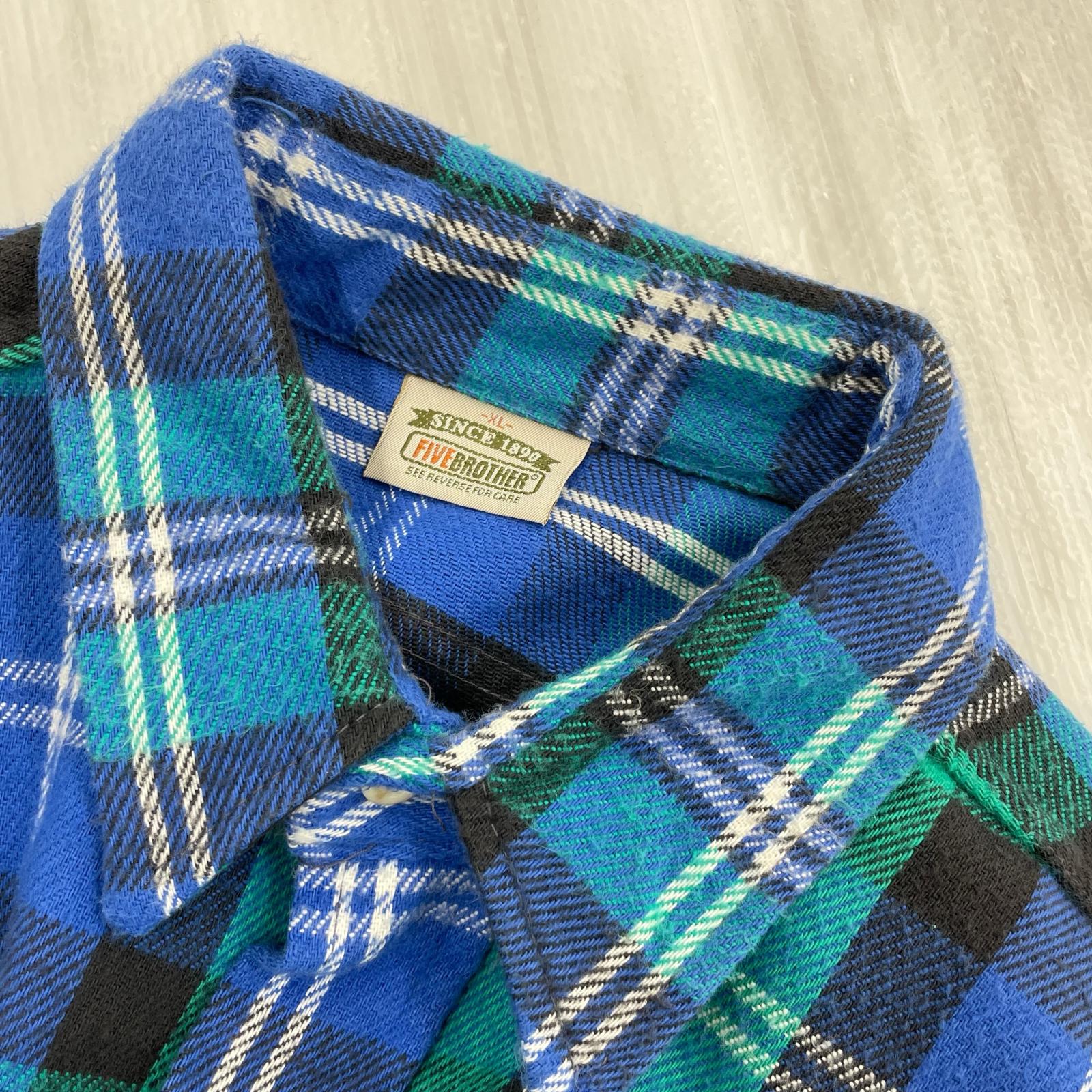 長袖シャツ 90s FIVE BROTHER チェックネルシャツ XL 青×緑