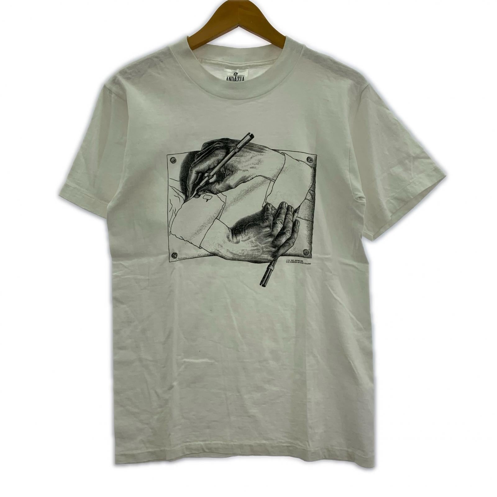 半袖Tシャツ 90s M.C.ESCHER エッシャー 描く手 (M) 白 M ホワイト