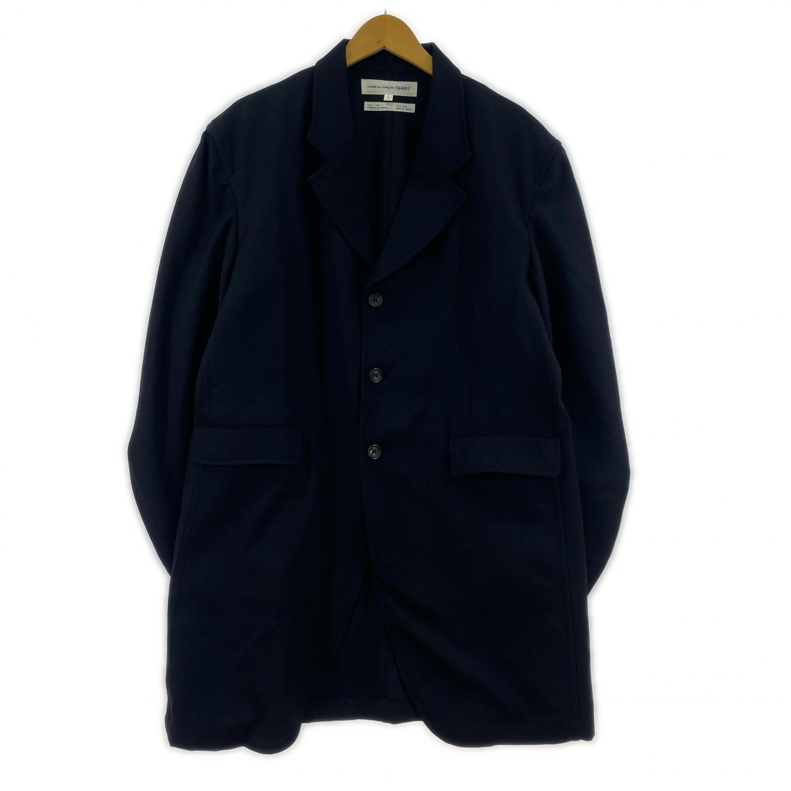 ジャケット COMME des GARCONS SHIRT フランス製 ウールツイル ロングテーラードジャケット L 紺 L ネイビー